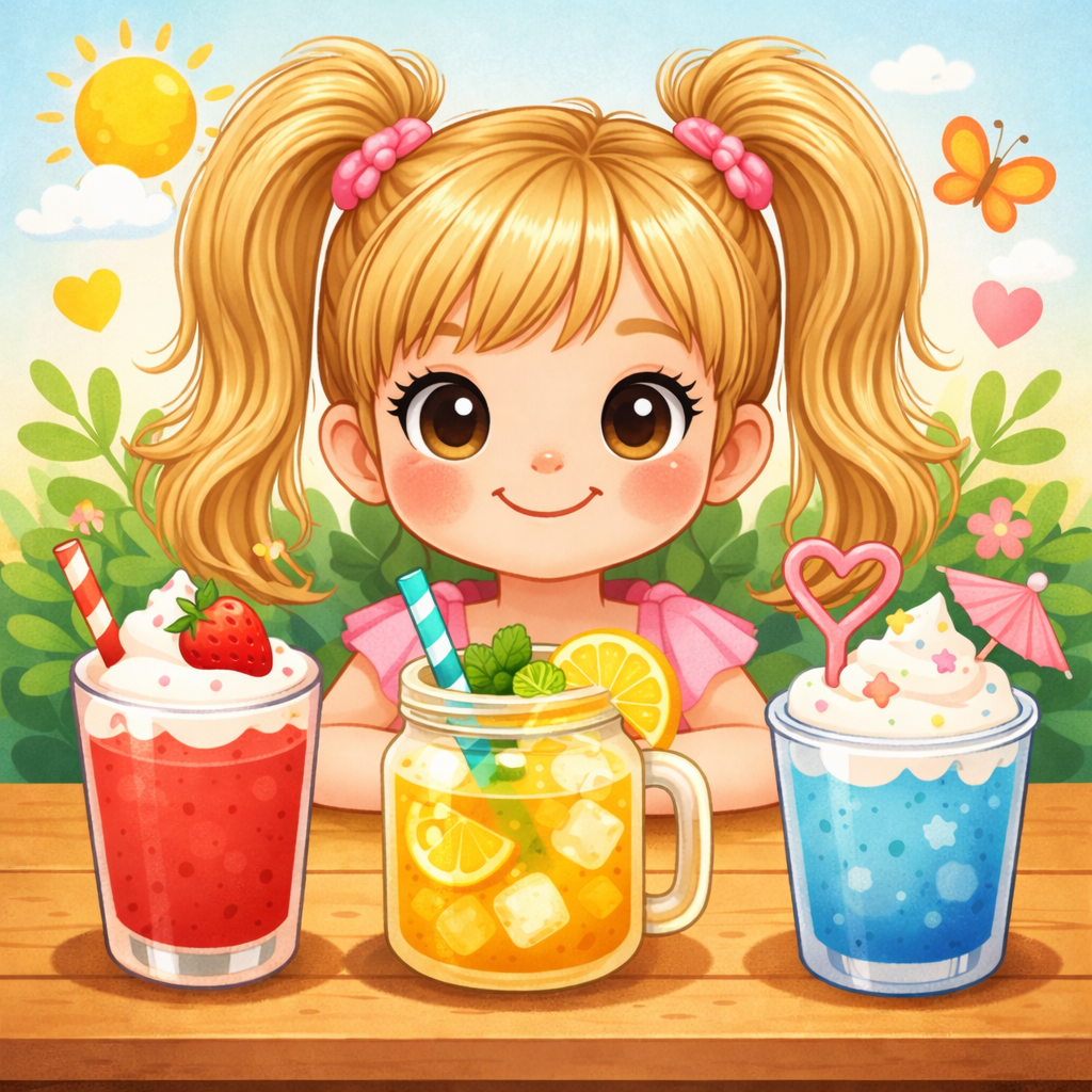 Ilustrace holčičky a tří pitíček